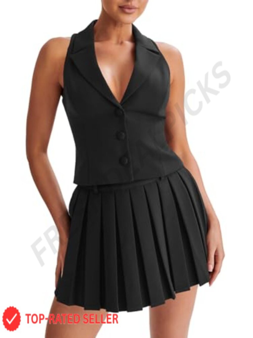 2 Piece Skirt Suit Set V Neck Blazer Vest Pleated Mini Skirt